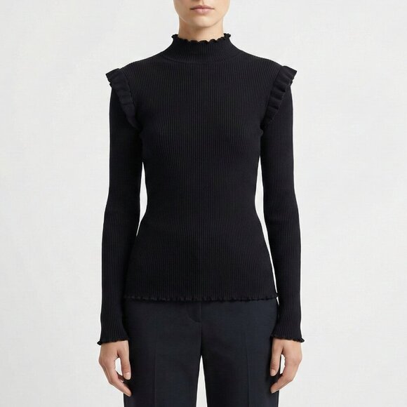 Current/Elliott Tops - Current/Elliott The Ruffle Rib Top Black Ribbed Mock Neck Size 1